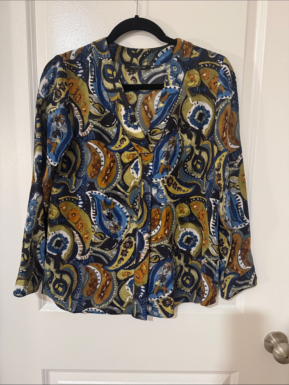 Lafayette 148 New York Blue Multi Paisley Button-Front Blouse